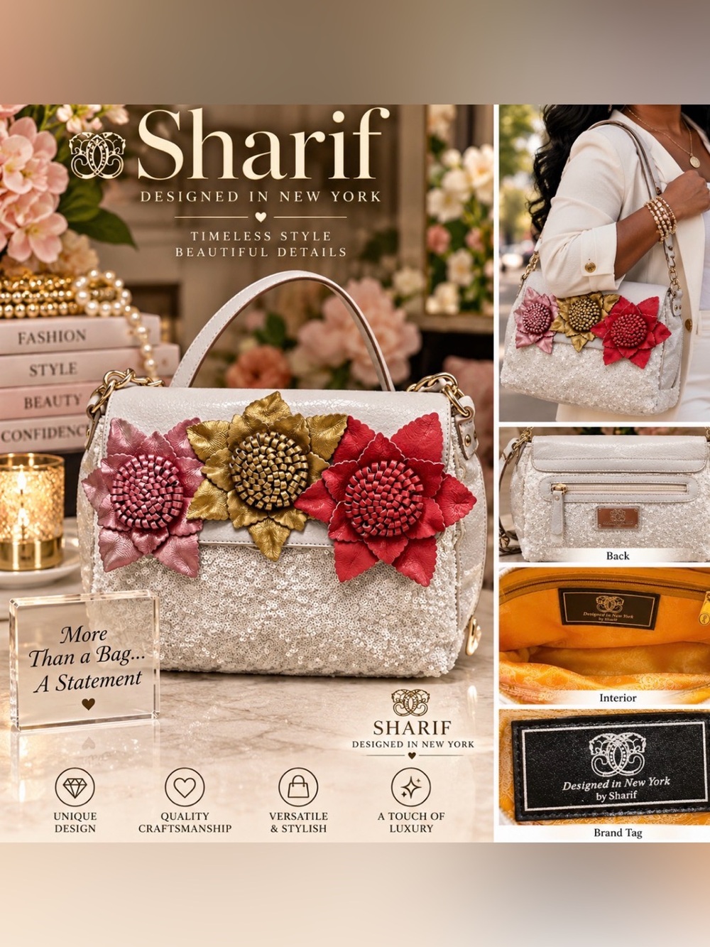 Sharif White Satchel with Pink, Gold and Red Floral Accents